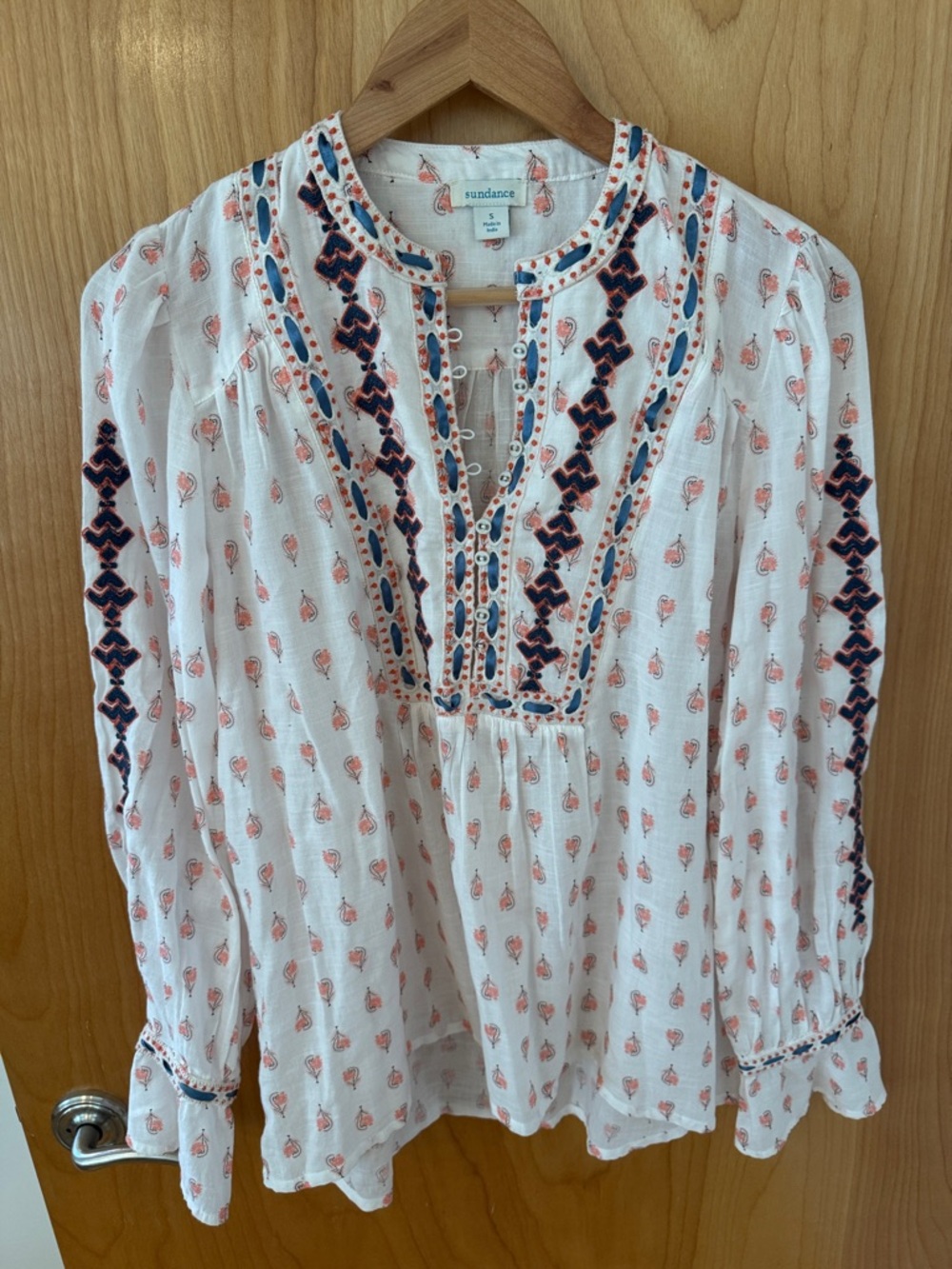 Sundance White Blouse with Coral Print & Navy Embroidery